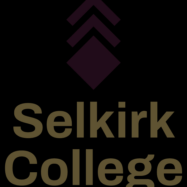 Selkirk College in blue letters with a green square and two green lines pointing up
